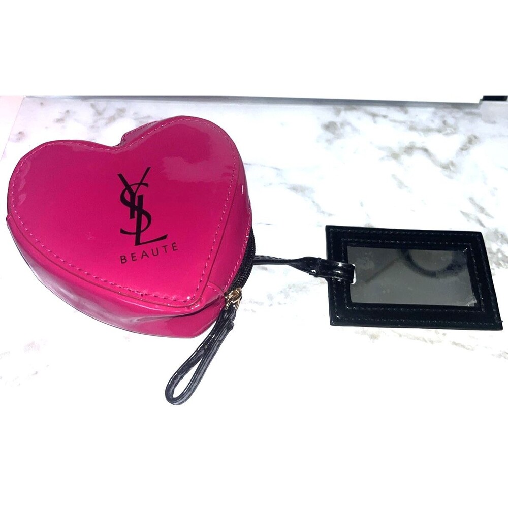 NWOT Yves Saint Laurent YSL Pink Beauty Heart Shaped Makeup Bag W/Mirror